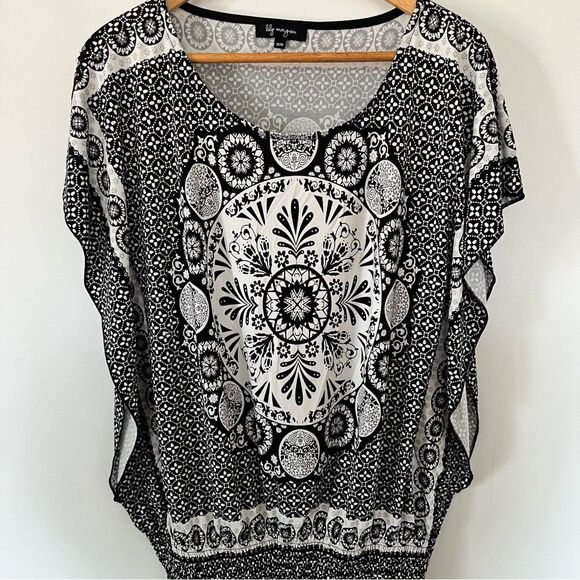 Lily Morgan Black White Medallion Kaftan Flowing Dolman Sleeves Tunic Blouse - Picture 7 of 7